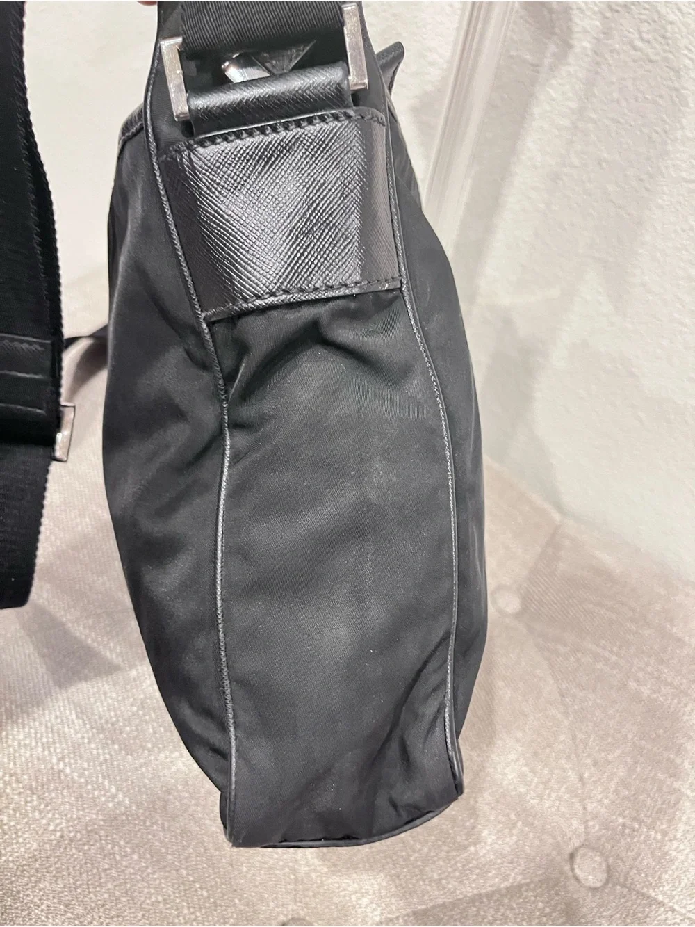 PRADA TESSUTO NYLON AND SAFFIANO LEATHER MESSENGER BAG.